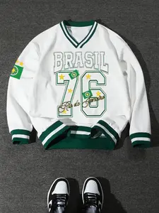 Brasil Soccer Fan Varsity V-Neck Sweatshirt - White & Green Retro Pullover with Striped Trim | Classic Football Aesthetic Unisex Jumper for Game Day and Sports Fan Casual Wear.