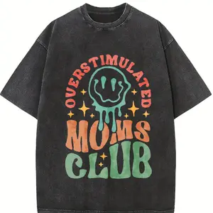Holafish Oversize Acid Wash Vintage“MOM'S Club” pattern T-Shirt,MOM'S Day T-shirt Heavyweight Cotton Streetwear graphic vintage tees Menswear Crewneck Tshirt