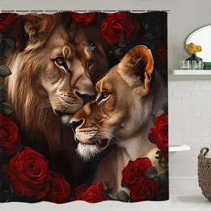 Creative Lion & Rose Bathroom Curtain Set, Includes Toilet Lid, Bath Mat, Shower Curtain, 12 Plastic Hooks, Modern Home Decor, Shower Curtain Sets