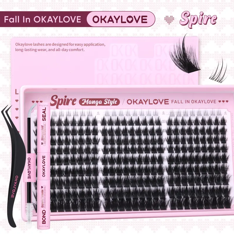 OKAYLOVE Spire Style Clusters Lashes Kit | Cosmetic Beauty Products, Lightweight Top & Bottom Soft Anime Clusters, Waterproof Long-Lasting Bond & Seal, Tweezers for Easy At-Home DIY Longer Looking Eyelashes  #sohochic
