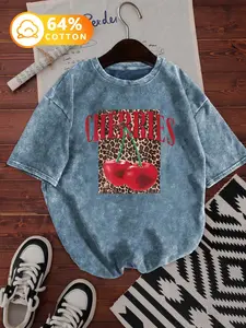 Women's Vintage Washed Cotton Cherry Leopard Print T-Shirt, Sweet Cool Style Round Neck Casual Summer Top, Comfortable Breathable Fabric