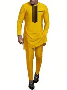 2026 Two-piece Set Men's Striped Print Zipper Split Long Blouse & Plain Drawstring Waist Pants, Regular Fit Casual Fashion Cozy Breathable Two Piece Outfits for Daily Wear, Clothes for All Seasons, Menswear, men tops