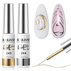 Metallic Gel Liner Nail Art Silver Bronze Gold 2pcs Set Mirror Chrome 3D Effect Gel Nail Polish 8ml Build in Thin Brush Metal Painted Drawing Stripper Gelpolish Curing Requires for Home Salon