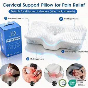 H&D Ergonomic Cervical Memory Foam Pillow - Relieve Neck & Shoulder Pain Fast! Odorless Contour Support for Side/Back/Stomach Sleepers | Washable Cooling Case for Restful Sleep