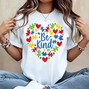 Be Kind Puzzle Heart Print T-Shirt Crew Neck Casual Wear For Autism Awareness And Daily Outfits