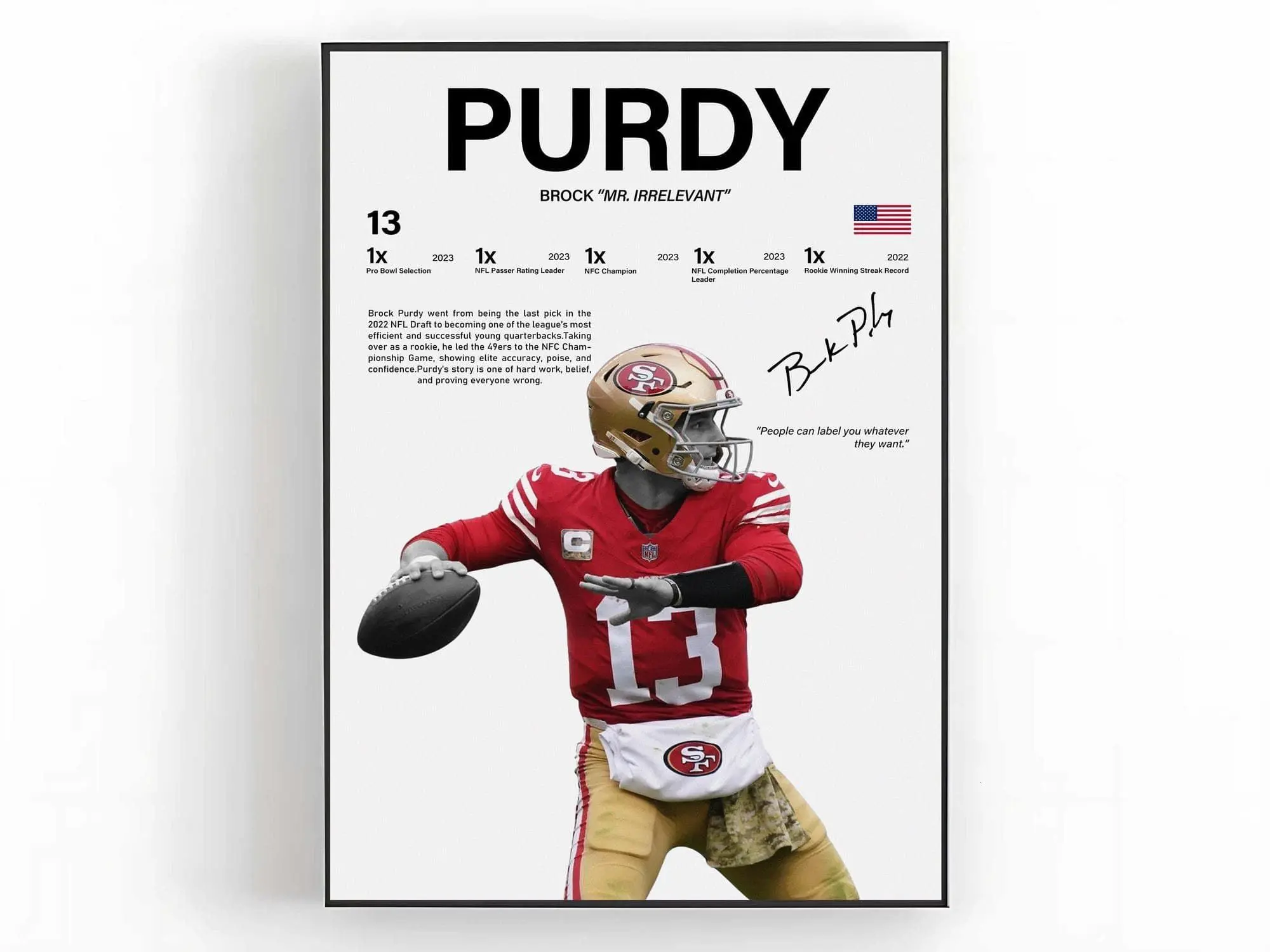 Brock Purdy Poster Wall Art American Football Print Sports Room Decor Fan Gift( Unframed - Print Only )