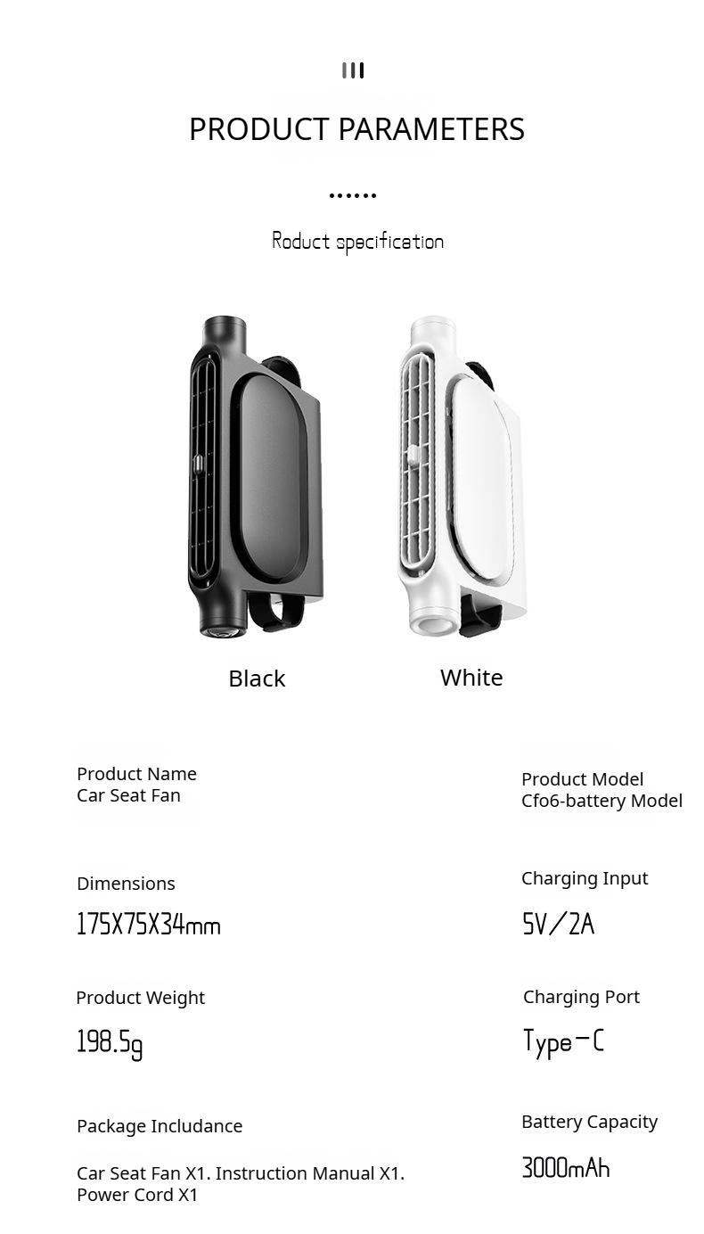 Portable fan for children in the back seat; USB-rechargeable neck-cooling fan featuring 3-speed adjustment and an air vent clip design; compatible with all vehicle models as well as home and office chairs.