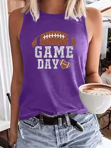 Rugby Letter Graphic Women's Thin Fitted Round Neck Sleeveless Tank T-Shirt Top, Womenswear, Comfortable Fabric, Casual Simple Design, Perfect for Daily Wear