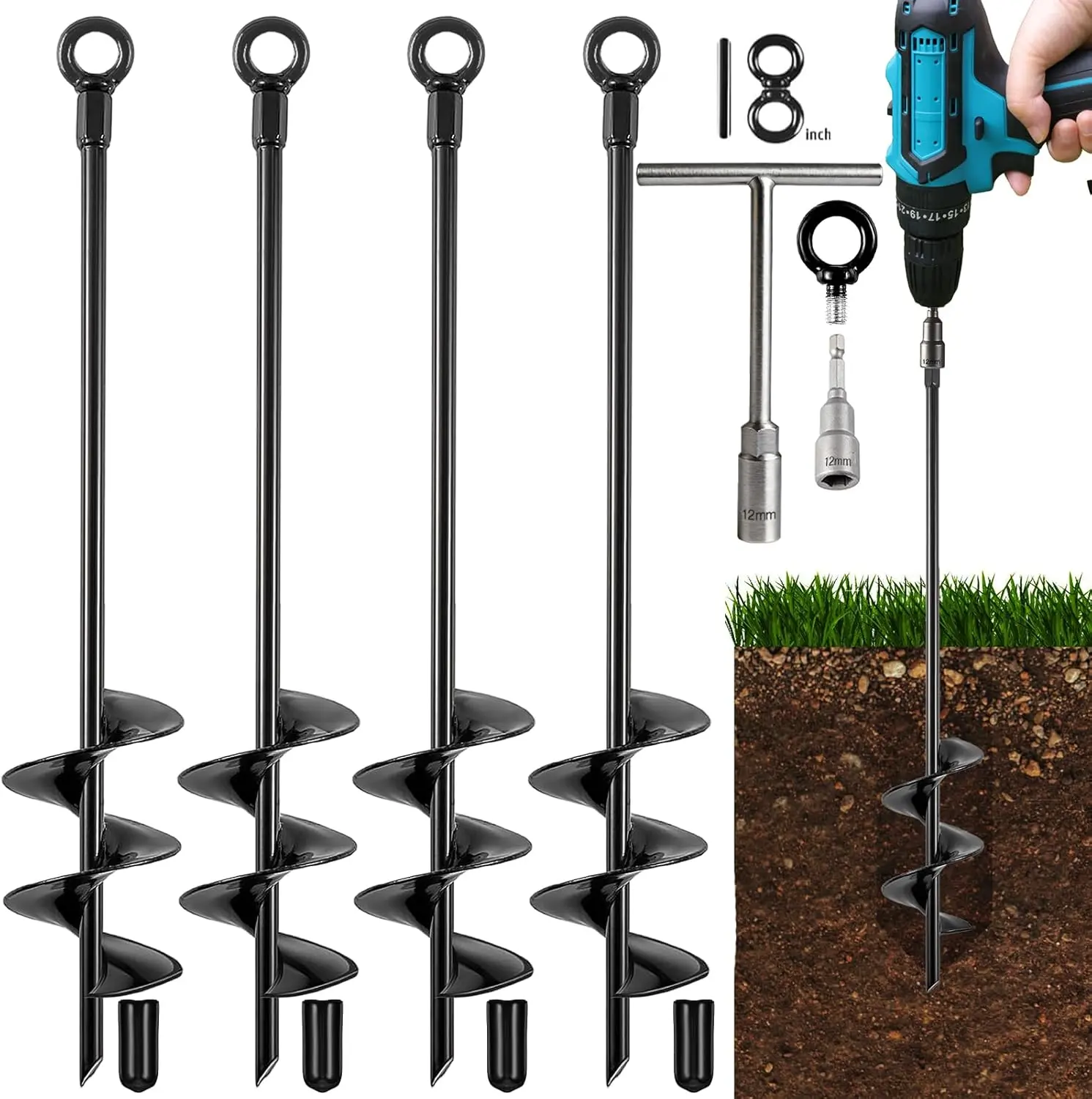 Heavy Duty Ground Anchors Kit - 4-Pack 18in Screw-In Metal Auger Anchors for High-Wind Securing of Swing Sets, Trampolines, Sheds, Tents (Sports & Outdoor Docking Anchoring Equipment)