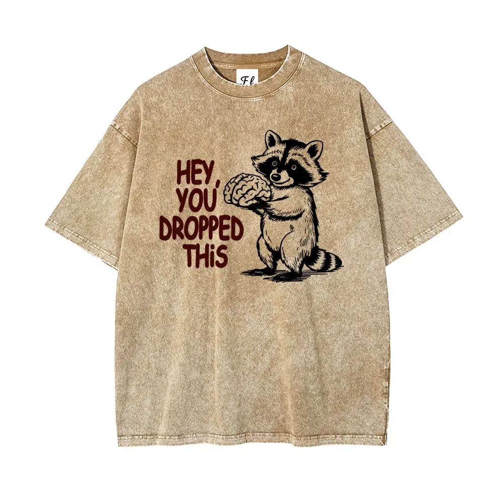 Men's Oversized Short-Sleeve Round Neck Printed T-Shirt - Soft Stretch Fabric, "Hey You Dropped This" Funny Retro Raccoon Print, Unisex Vintage Washed Cotton, Everyday Casual Streetwear Style Top