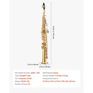 VEVOR Straight Soprano Saxophone, B Flat, Brass Saxophone Beginner Kit with Carrying Case, Mouthpiece, Cleaning Cloth Rod, Gloves, Neck Strap, 23 Keys Soprano Sax Kit, for Beginners Students, Gold