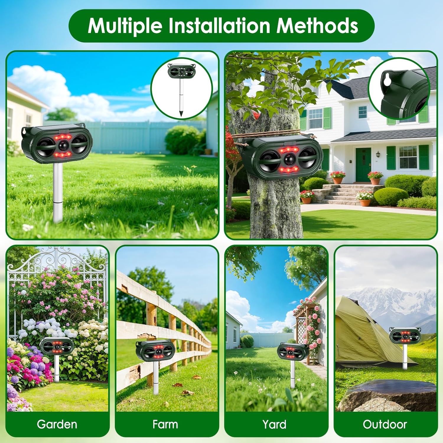 Solar Ultrasonic Animal Repeller - IP44 Waterresist Outdoor Pest Deterrent with Motion Sensor, Flashing Light, 5 Modes (Alarm Sound, Auto Switch), Solar & USB Charging for Animal Deterrence, Farm Area Deterrent (Squirrels, Cats, Deer, Raccoons), Alarm Sou