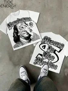 Men's Oversized Franklin Money Theme T-Shirt, Hip Hop Street Style Short Sleeve, 'money Is Motivation' Slogan & Dollar Symbol Print