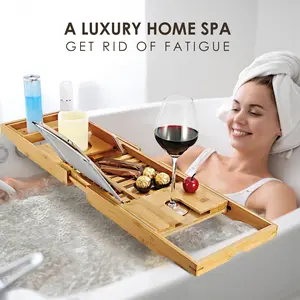 Extendable Bamboo Bathtub Caddy Tray – Luxury Bath Tray with Book & Wine Holder
