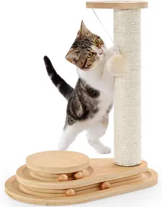 Cat Scratching Post Cat Scratcher Kitten Toys for Indoor Cats Wooden Ball Track Two-Layer Modern Sisal 17.7" Tall Scratch Post Interactive Toy with Dangling Ball