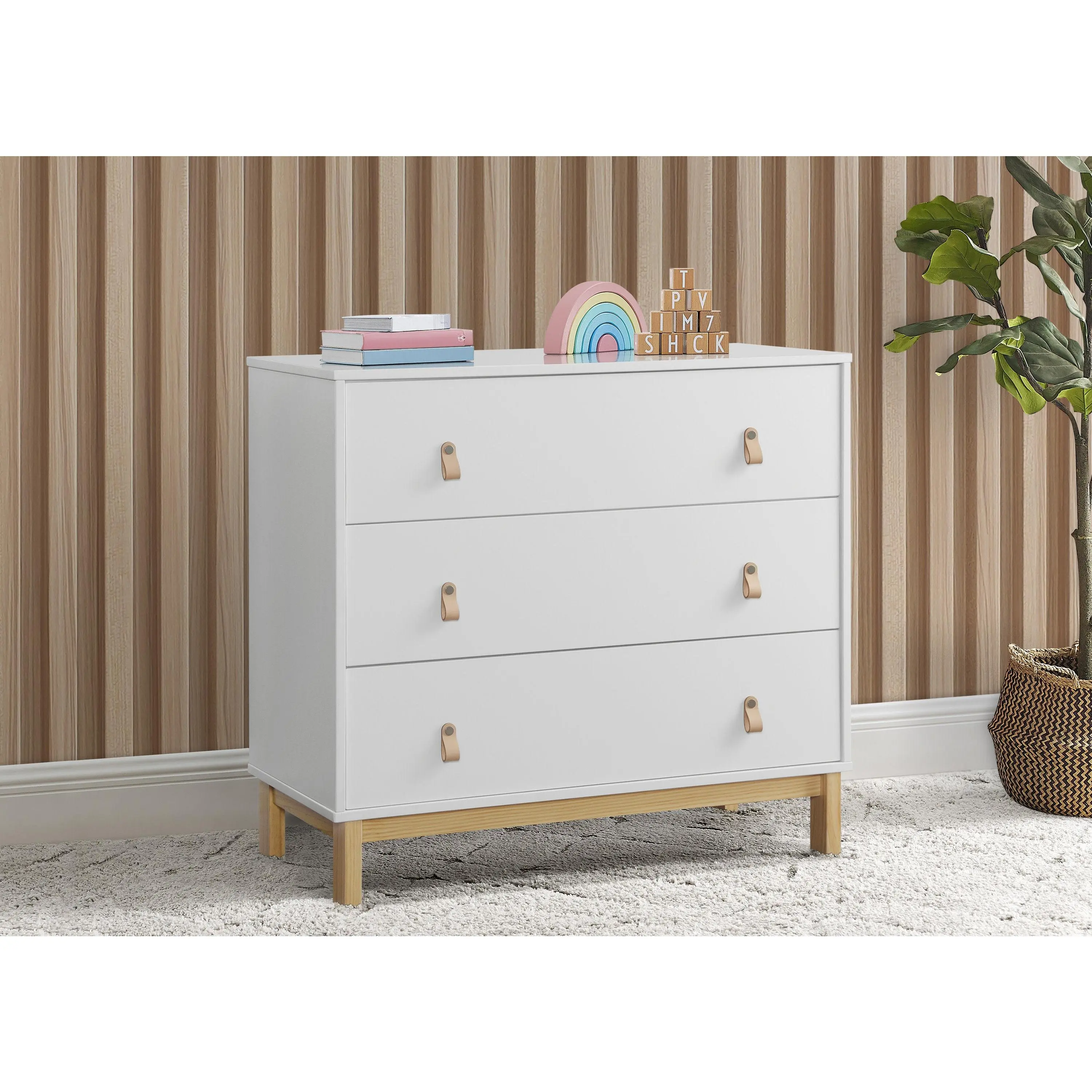 babyGap Legacy Wood 3-Drawer Nursery Dresser - Leather Pulls, Interlocking Drawers, Bianca White/Natural & Ebony/Natural Finishes for Kids’ Bedroom Indoor Cabinet Furniture