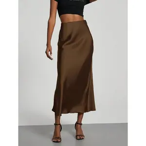 Women's High-Waist Satin Midi Skirt - Elegant Solid Black, Flared Design, Perfect for Dates & Work, All-Season Polyester Skirt, Office Wear Skirt |   Flared Skirt Style |   Quality Construction