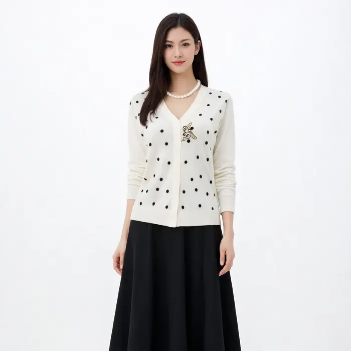 French Soft Elegance · Wool-Blend Polka Dot Cardigan