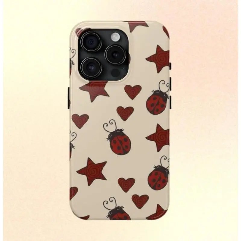 Red Ladybug Stars Hearts Yellow Phone Case  Cute Bug Pattern Cool Girl MagSafe Case Phone - Case iP 16 15 14 13 12 11 X