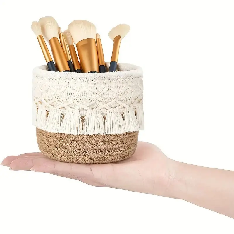 Macrame Makeup Brush Holder, Boho Mini Storage Basket Comb Pens Tiny Succulents Holder, Bedroom Vanity Living Room Bathroom Dorm Office