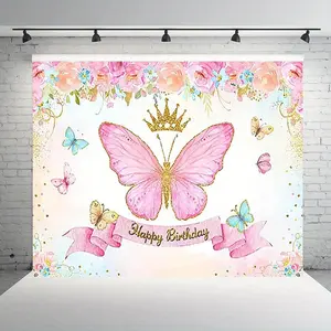 [Party Banner] 1pc Butterfly Happy Birthday Backdrop for Pink Golden Flower Photography Background Princess Birthday Party Banner Decorations Supplies Photo Booth Props 90.5x70.8inch