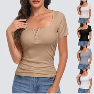 Women's Short Sleeve Tops Ribbed Knit Slim Fitted Basic Tee Trendy Casual Button Up Henley Shirts