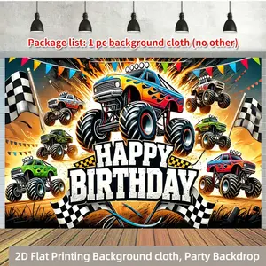 1pc 2D Flat Monster Truck Theme Birthday Polyester Photography Backdrop Party Banner Flag Decorations for Family Garden Yard Anniversary Celebrations & Photo Booth Props Multi - Purpose Wall Hanging