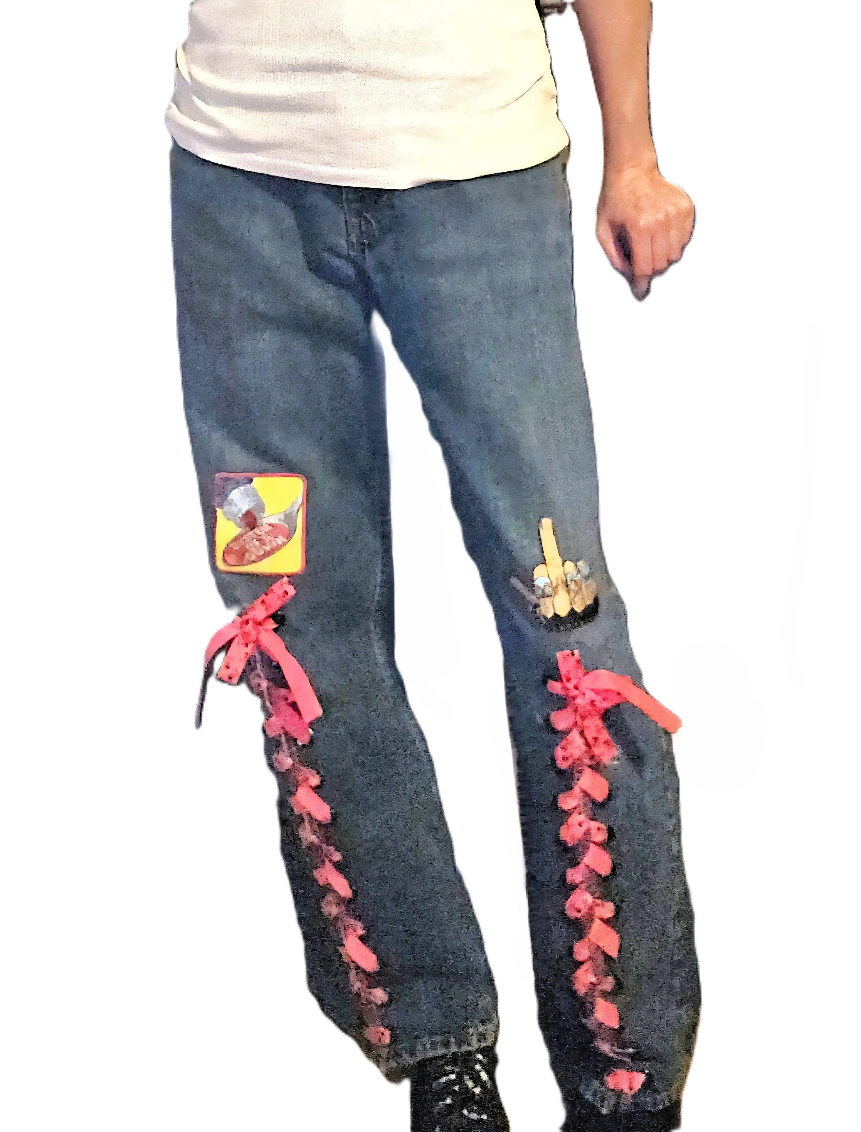 System of A Down Upcycled Lace-Up Jeans - Feminine & Edgy Women's Denim Pants with Band Apparel Design - Sustainable Fashion - Straight Leg Fit with Grommet & Ribbon Detailing