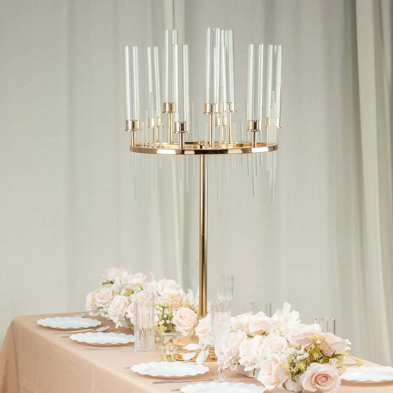 Metal Gold 9-Arm Round Cluster Taper Candelabra, Home Decor Table Centerpiece for Wedding Decor, Anniversary, Birthday Celebrations, Multi-Size Candle Holder, Room Decor