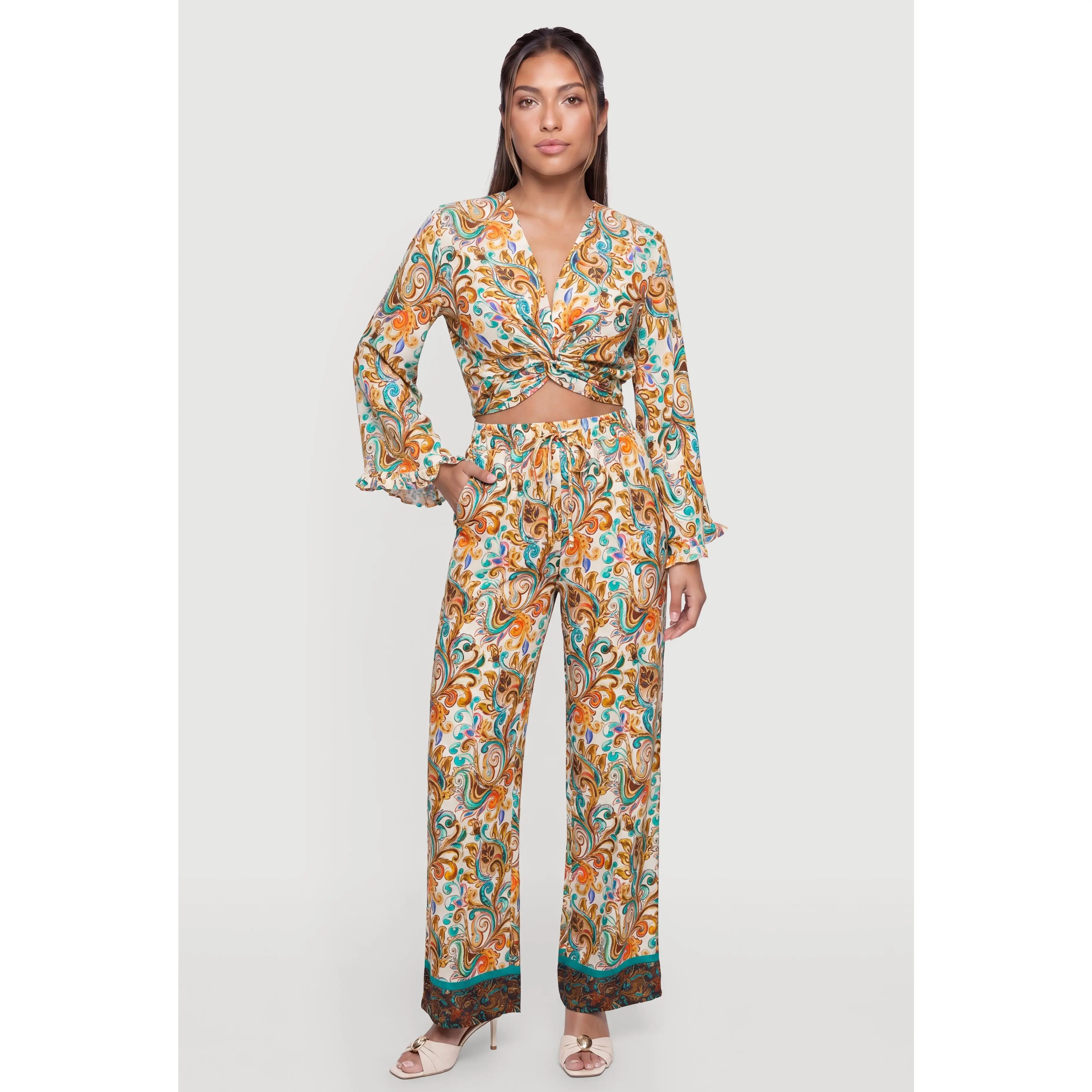 Patterned Drawstring Detail Pull On Pants