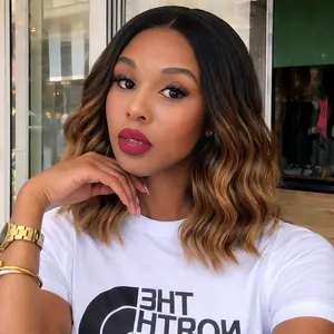 Black to Brown Short Wavy Bob Style Synthetic Fiber Lace Front Wig for Women Pre Cut for Beginners Natural Hairline 16 Inch