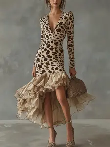 New Summer Autumn Long Sleeve Leopard Print V Neck Stone Pattern Patchwork Mesh Dress, Fashionable Women's Clothing, Trendy