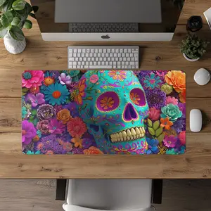 Sugar Skull Desk Mat, Floral Gothic Mouse Pad, Day of the Dead Desk Decor, Colorful Desk Mat, Gaming Mouse Pad XXL, Flower Deskmat