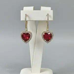 Beautiful Heart-Shaped Red Gemstone Earrings with Sparkling Diamond Accents for Women's Fashion