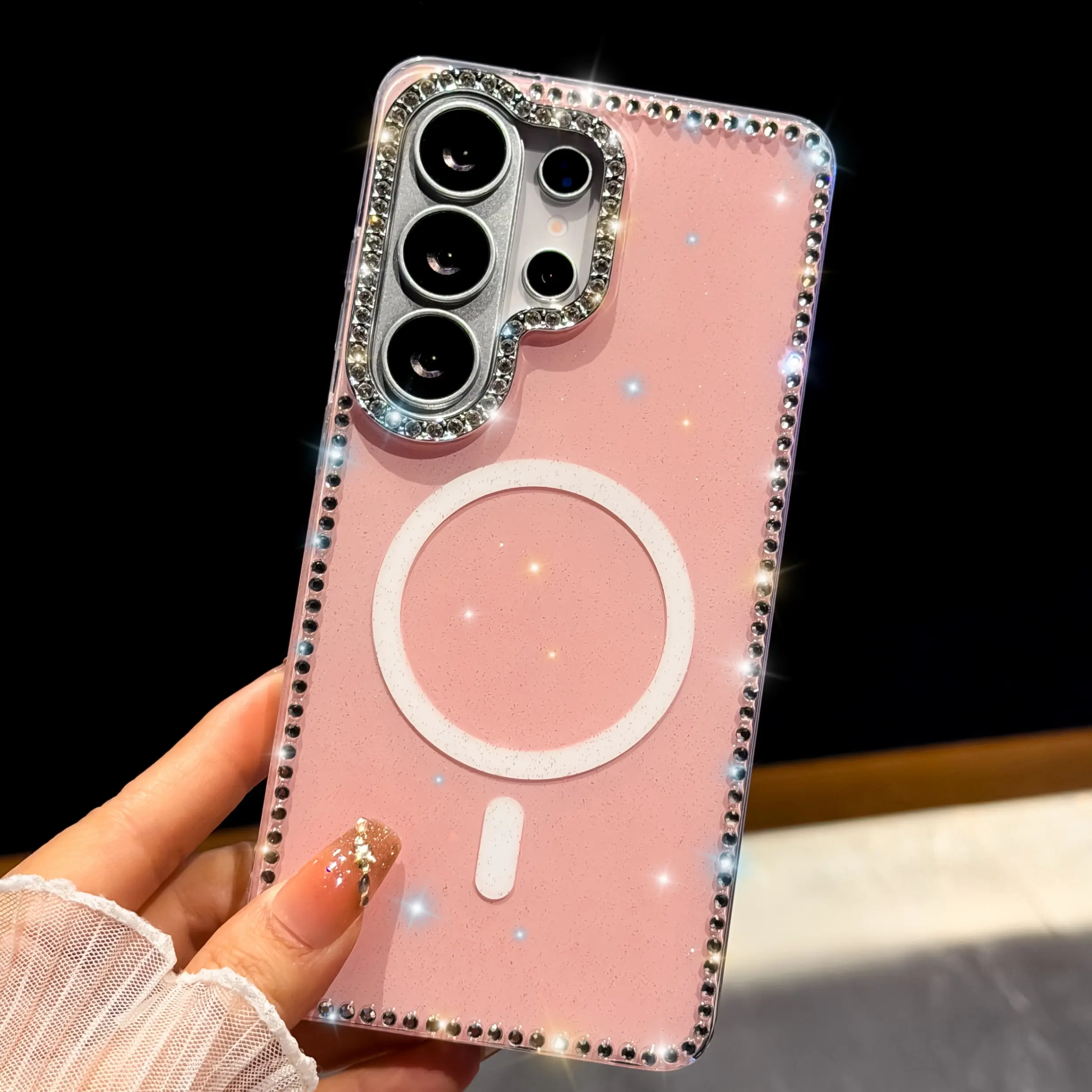 For Samsung Galaxy S26 Ultra S25 S24 Case Bling Crystal Sparkly Glitter Bling Sparkling Diamond Frame, Compatible With MagSafe Shockproof Protection Phone Cover
