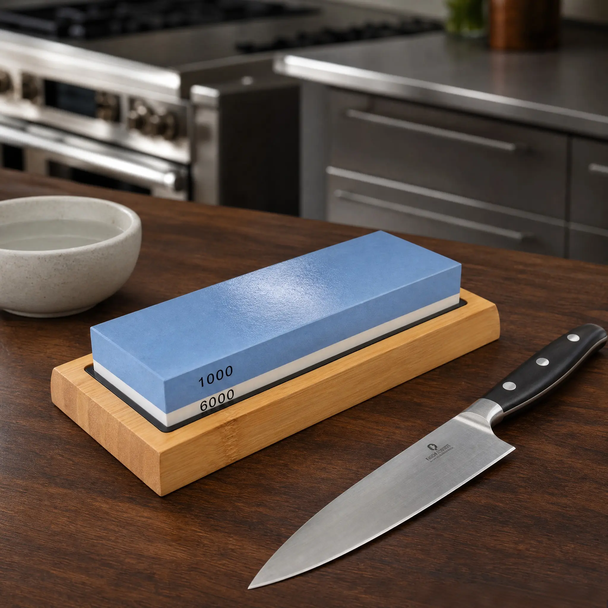 7x2.25x1.125" Rectangular Dual-Grit Gunpla Whetstone Set (1000/6000 Grit) - Bamboo Non-Slip Base, Angle Guide, Silicone Component, No Oil Needed, Secure Controlled Sharpening, Fast Dull Blade Restoration for Home Use Kitchen Knives, Hunting Knives