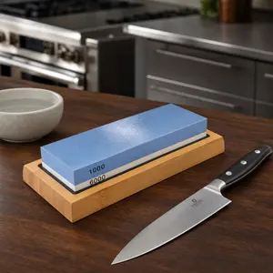 Gunpla Restore Dull Blades Fast: 1000/6000 Grit Whetstone Set with Angle Guide & Non-Slip Bamboo Base for Kitchen, Hunting and Pocket Knives