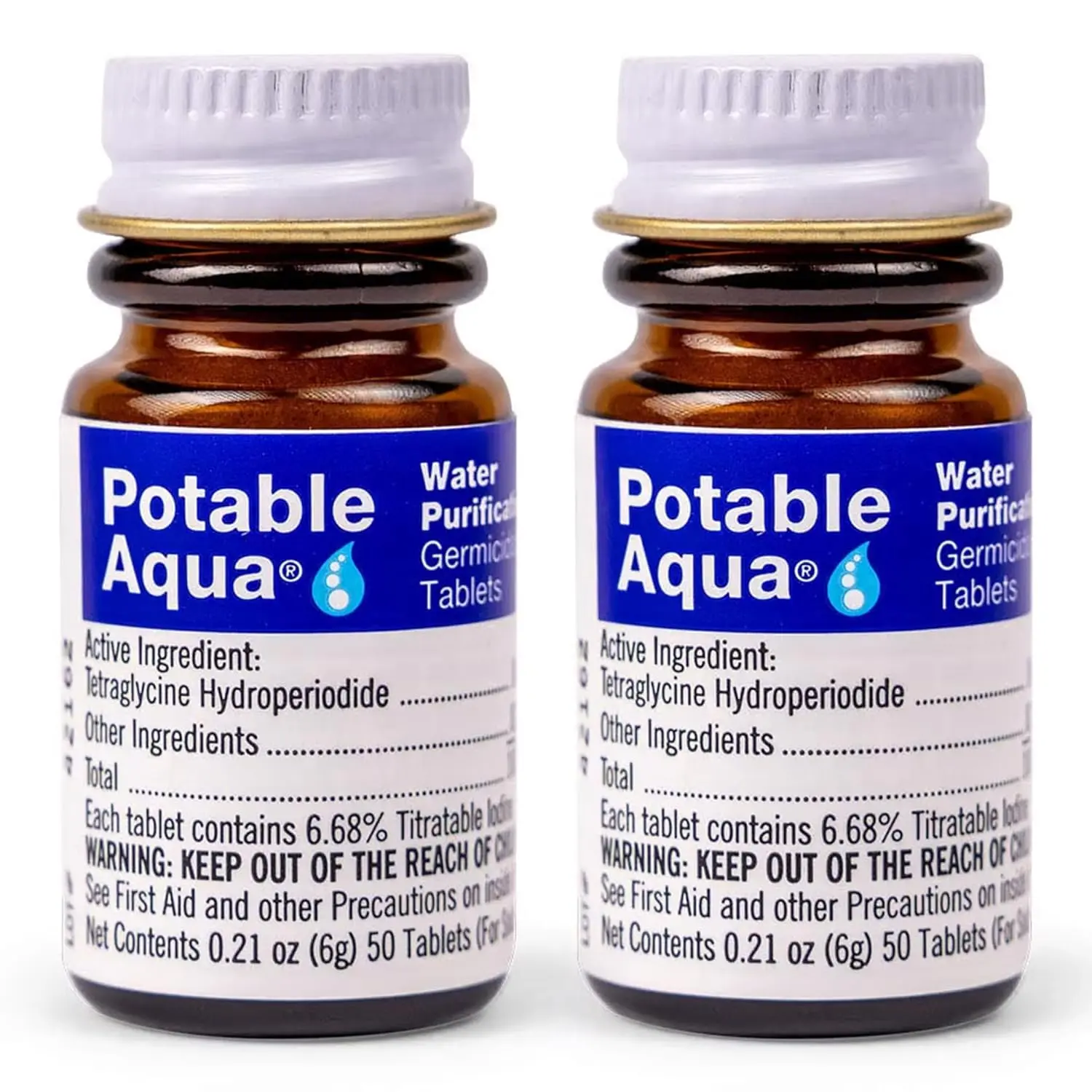 Portable Water Purification Tablets - Effective Portable Solution for Camping & Outdoor Emergency Travel, 2 x 50-Count Blue Bottles