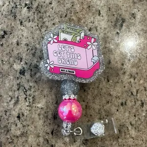 BADGES REEL - Let's Get This Bread Design with Glitter and Pink Bead Accessory for Badges