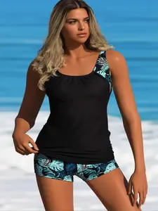 Women’s Black Tropical Print Tankini Swimsuit, 2-Piece Pleated Sleeveless Tankini Top with High Waisted Boyshort Bottoms, Floral Bathing Suit for Beach, Pool & Vacation