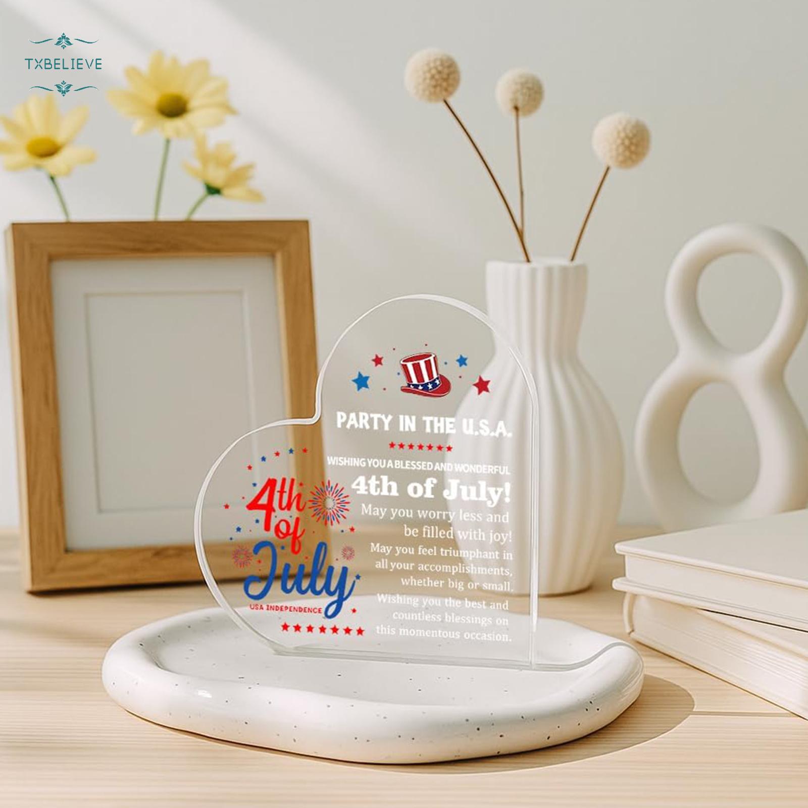 4th of July Gift Heart Shape Acrylic Ornament Block 3.9x3.9 inch for Women Patriotic Stars Stripes Home Desk Festive Glossy Finish