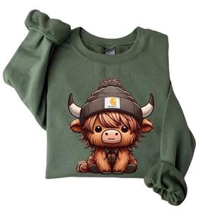 Highland Cow Sweatshirt - Cute Cow Design, Long Sleeve, Green, Western Crewneck, Casual Tops for Men, Cow Gifts, Gift for Holiday