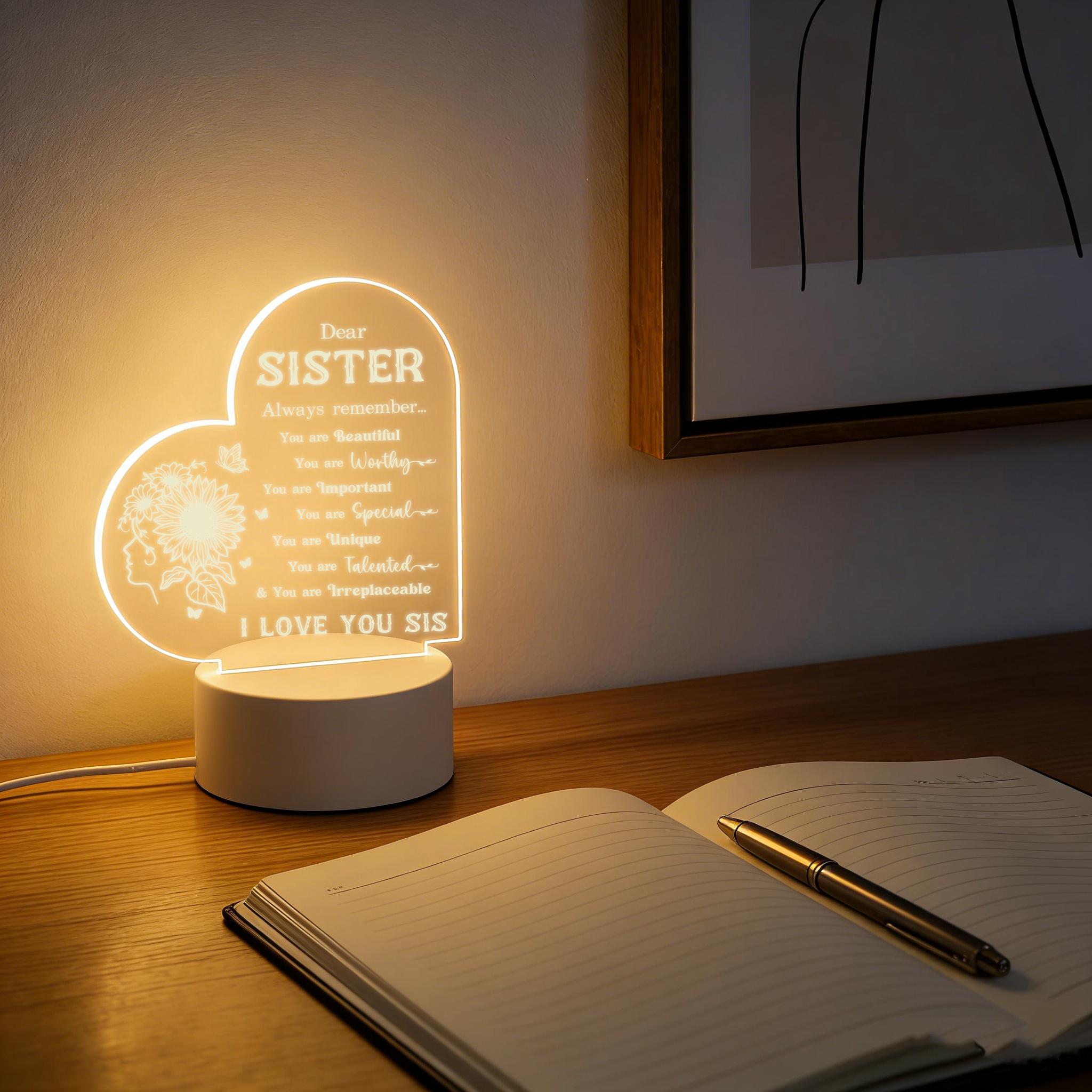 2D Heart Shaped Sister Night Light, Sunflower Decorative LED Table Lamp with Inspirational Quote, Personalized Birthday Christmas Gift for Sister, USB Powered Warm White Desk Lamp for Bedroom Living Room 2D Heart Shaped Sister Night Light, Sunflower Decorative LED Table Lamp with Inspirational Quote, Personalized Birthday Christmas Gift for Sister, USB Powered Warm White Desk Lamp for Bedroom Living Room
