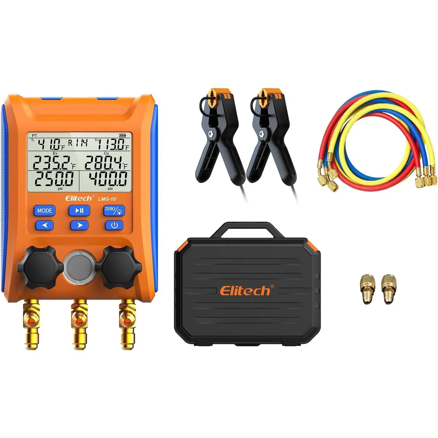 LMG-10Plus 2-Way Digital Manifold, HVAC Refrigerant Pressure Gauge for Superheat/Subcooling, with Temp Clamps and R410A Adapter, Supports 88 Refrigerants