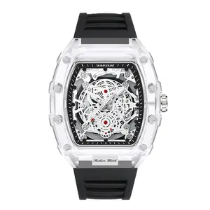 Black Men's Luxury Barrel-shaped Transparent Waterproof Quartz Watch for Outdoor, Back to School, Parties, Daily & Fall. Ideal Birthday, Gift with Box.