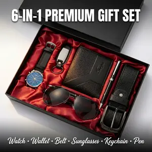 6-in-1 Luxury Men's Gift Set - Watch Wallet Belt Sunglasses Keychain Pen | Premium Business Accessories Box for Dad Husband Boyfriend Boss | Father's Day Birthday Christmas Gifts for Him