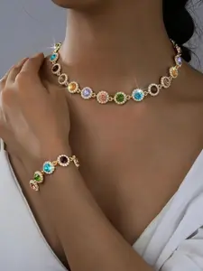 Colorful Zircon Halo Jewelry Set, Elegant Fashionable Jewelry Set, Gold Choker Necklace + Bracelet, Vintage Glam Daily/Party Sparkling Accessory