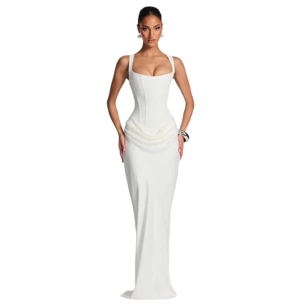 Women's Solid White Maxi Dress - Elegant Sleeveless Bodycon Gown with a Square Neck and Ruched Waist for Formal Wear, Party Fit, Outfit Of The Night, Lady, Bachelorette Party, Formal Dresses, Ruched Detail, Evening Style, Below Ankle, Bodycon Curve Hug, P