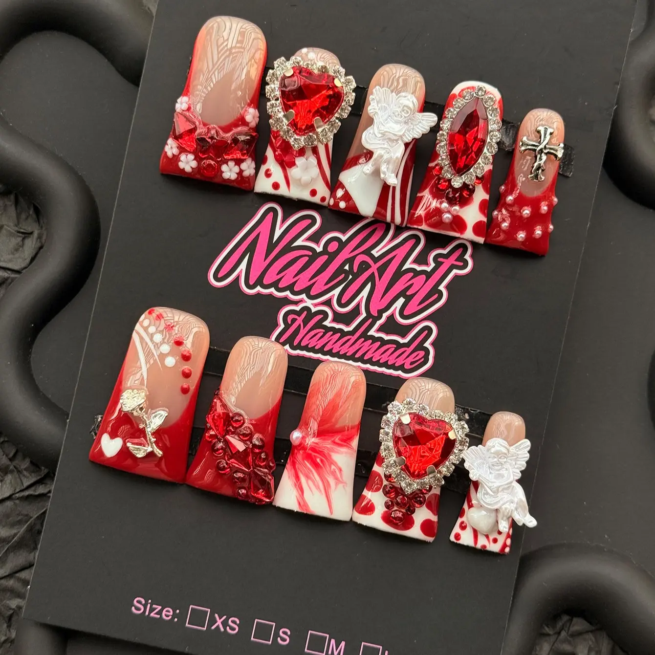 10-Piece Y2K Handmade Press Ons Nail Art Set, Nail Art Decoration, Decorative Nails, Nail Charms, French Tips, Rose Flower Cross Accents, Gradient Acrylic Nails, Glossy Finish, Long Square Nails for Women and Girls