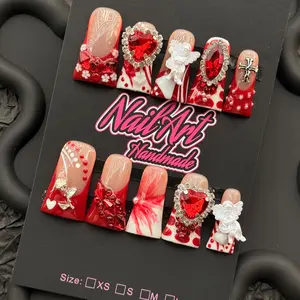 10-Piece Y2K Handmade Nail Art Set, Nail Art Decoration, Nail Charms, French Tips, Rose Flower Cross Accents, Gradient Acrylic Nails, Glossy Finish, Long Square Nails for Women and Girls